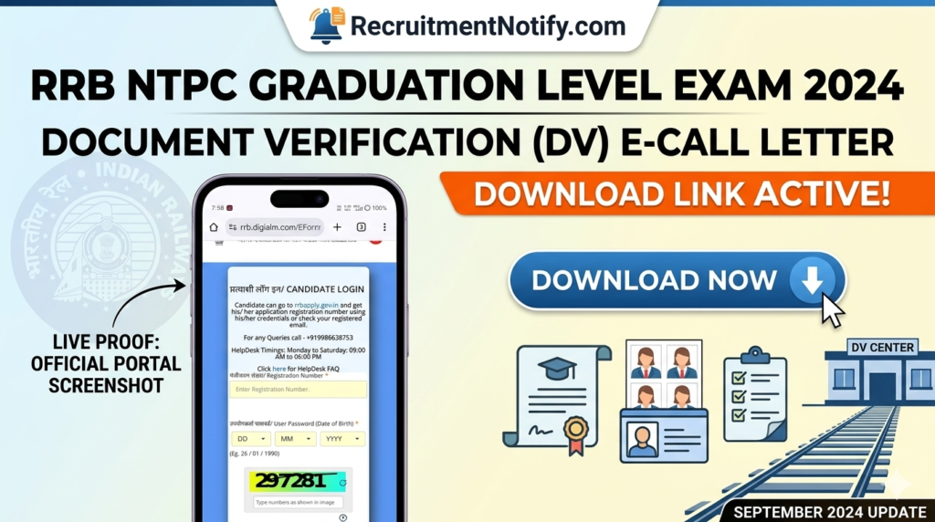 RRB NTPC Graduation Level Exam 2024: Document Verification (DV) E-Call Letter Download Link Active